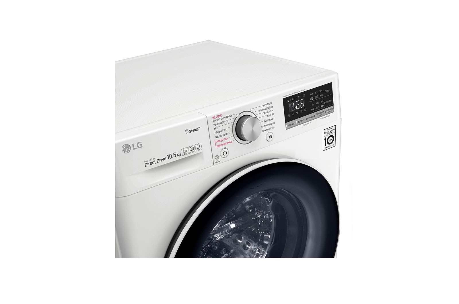 LG Waschmaschine mit AI DD® | 10,5 KG Kapazität | Energieeffizienzklasse B | 1.400 U./Min. | TurboWash® | Wäsche Nachlegen | Steam |  Wi-Fi-Funktion  |  Aqua-Lock®, V510