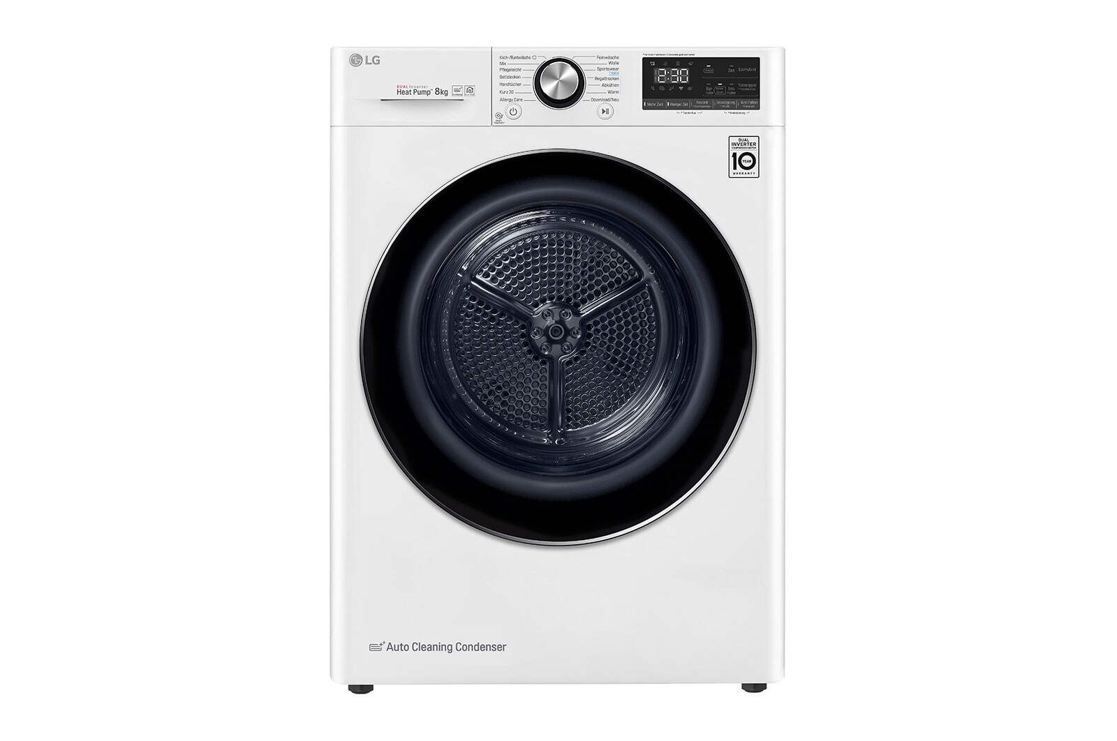 Vorderseite von LG Trockner mit Dual Inverter Wärmepumpentechnologie und selbstreinigendem Kondensator bis zu 8 kg Fassungsvermögen DV908IH2
