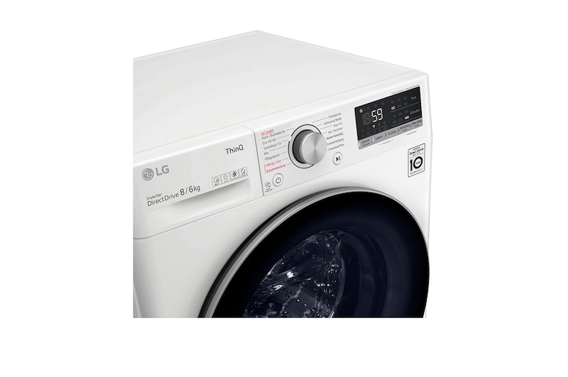 LG Waschtrockner mit 1.400 U./Min. | Energieeffizienzklasse E | 8 kg Waschen | 6 kg Trocknen | Weiß mit weißem Bullaugenring | V4WD860B, V4WD860B