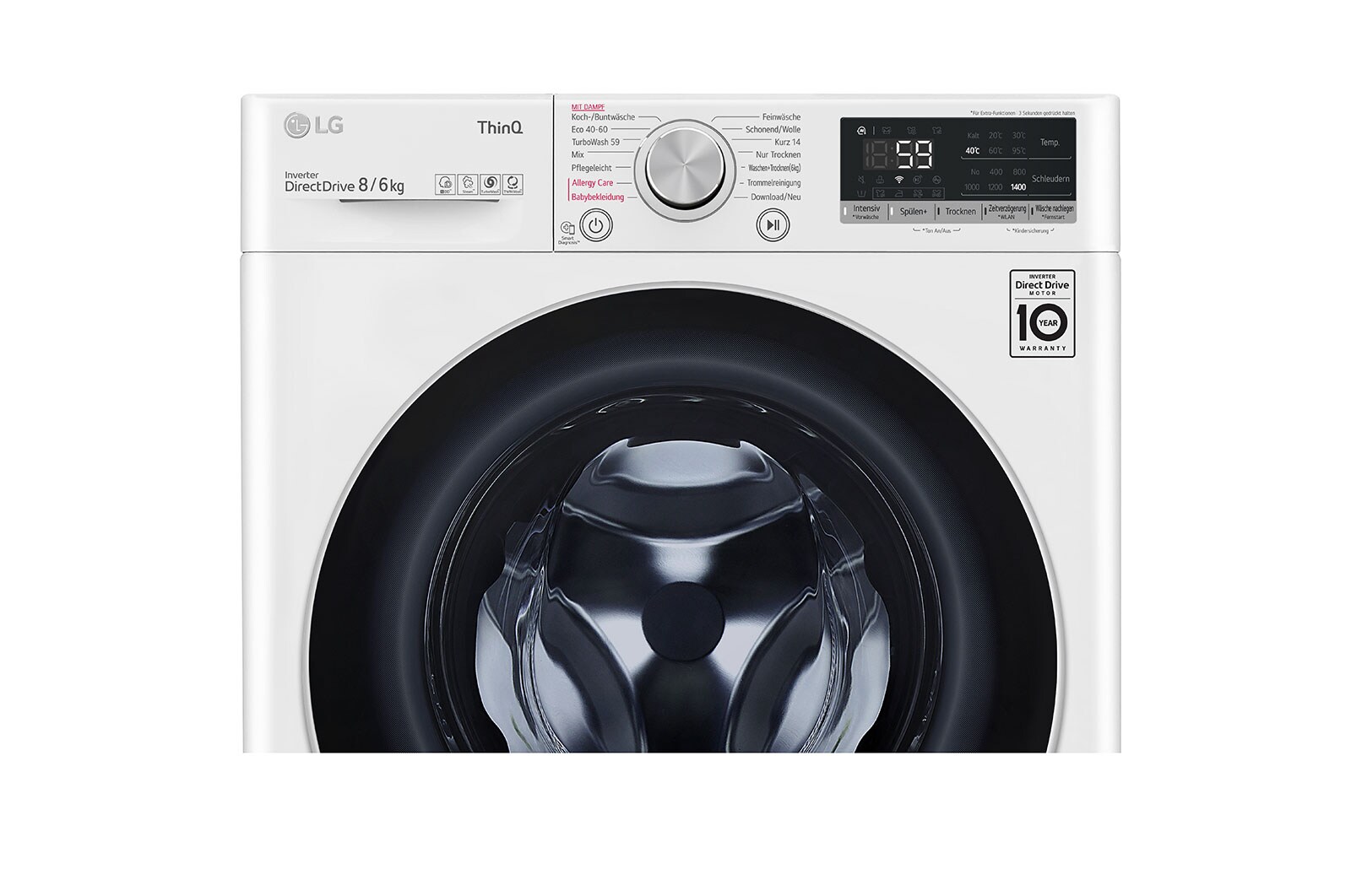 LG Waschtrockner mit 1.400 U./Min. | Energieeffizienzklasse E | 8 kg Waschen | 6 kg Trocknen | Weiß mit weißem Bullaugenring | V4WD860B, V4WD860B