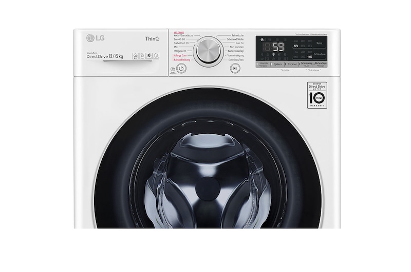 LG Waschtrockner mit 1.400 U./Min. | Energieeffizienzklasse E | 8 kg Waschen | 6 kg Trocknen | Weiß mit weißem Bullaugenring | V4WD860B, V4WD860B