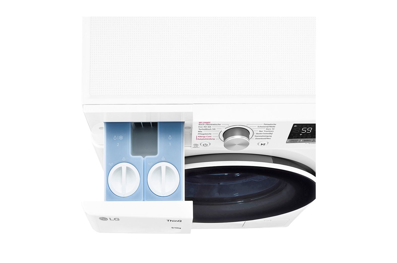LG Waschtrockner mit 1.400 U./Min. | Energieeffizienzklasse B | 9 kg Waschen | 6 kg Trocknen | Weiß mit silbernem Bullaugenring | W4WV75961, W4WV75961