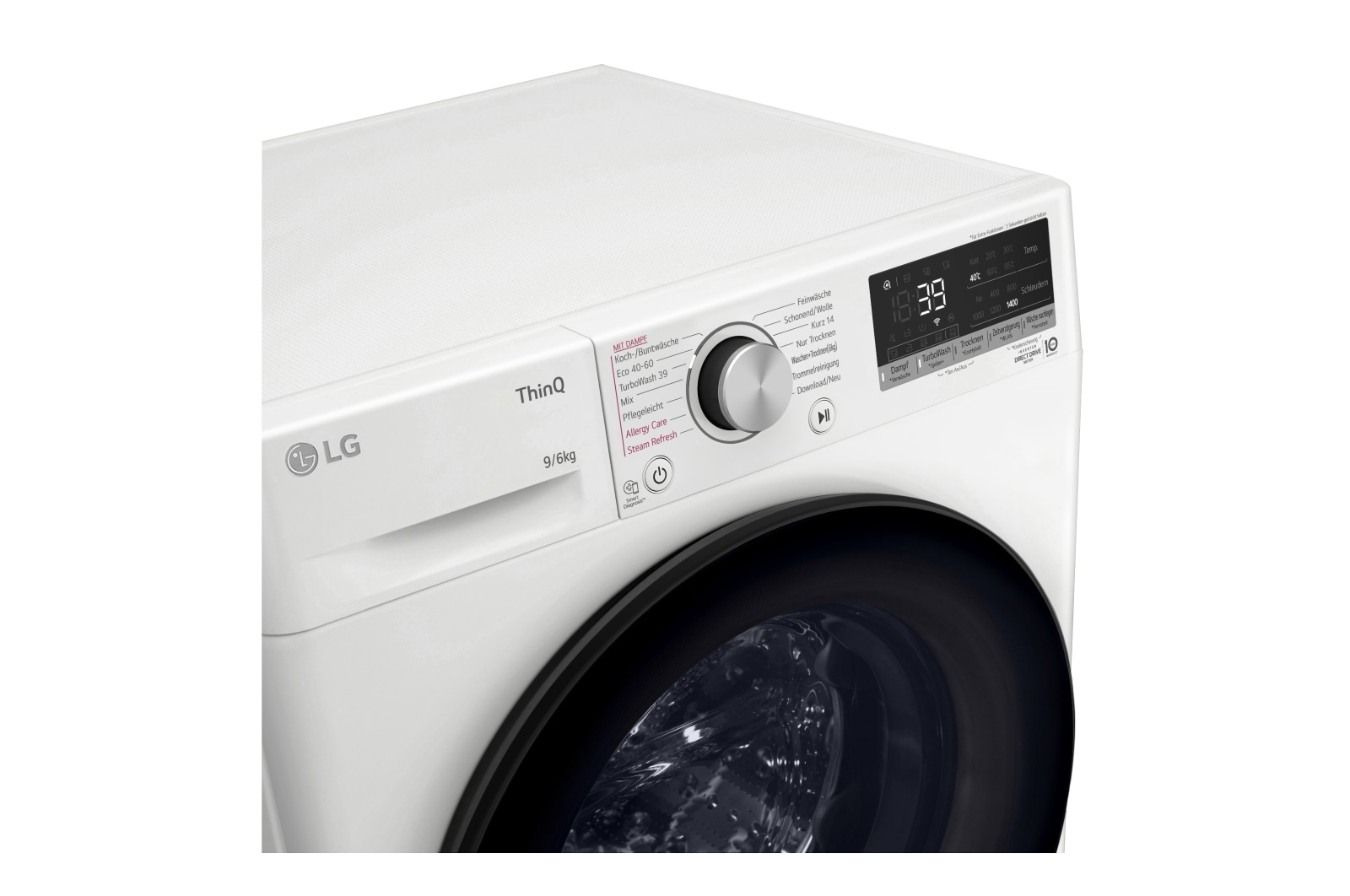 LG Waschtrockner mit 1.400 U./Min. | Energieeffizienzklasse E | 9 kg Waschen | 6 kg Trocknen | Weiß mit schwarzem Bullaugenring | W4WV90968C, W4WV90968C
