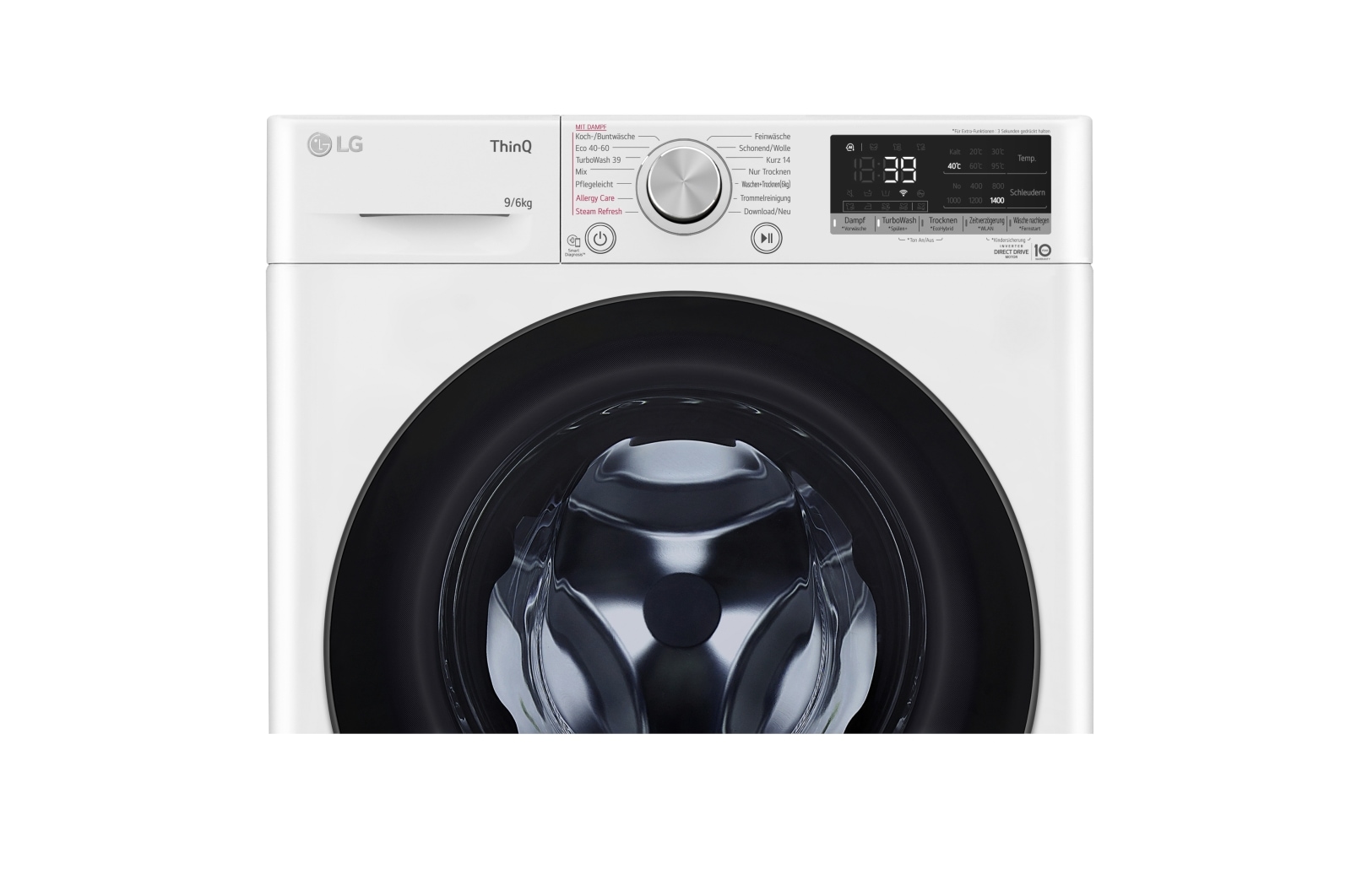 LG Waschtrockner mit 1.400 U./Min. | Energieeffizienzklasse E | 9 kg Waschen | 6 kg Trocknen | Weiß mit schwarzem Bullaugenring | W4WV90968C, W4WV90968C