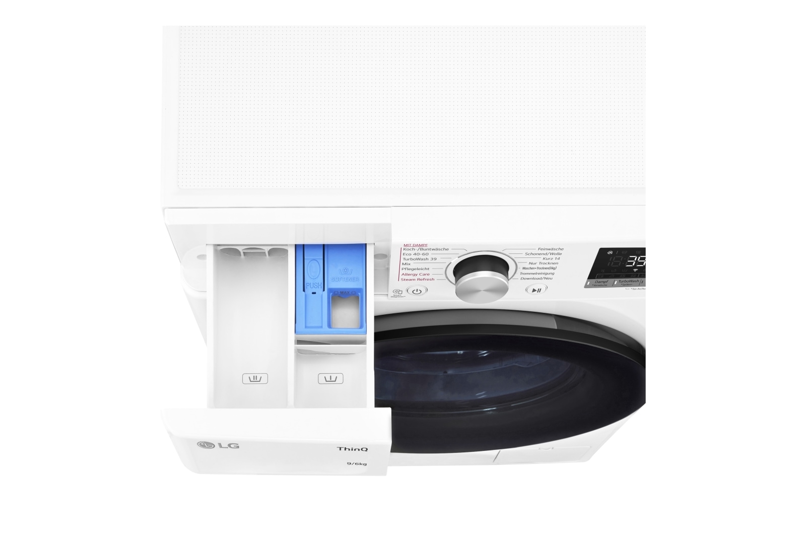 LG Waschtrockner mit 1.400 U./Min. | Energieeffizienzklasse E | 9 kg Waschen | 6 kg Trocknen | Weiß mit schwarzem Bullaugenring | W4WV90968C, W4WV90968C