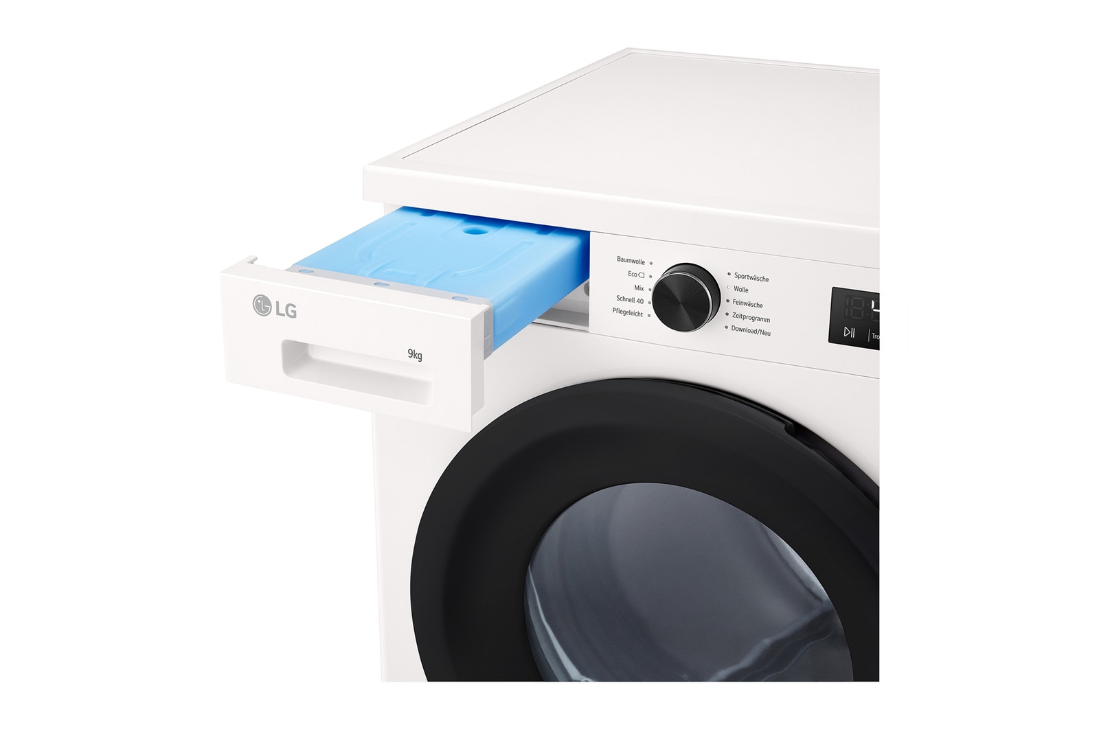 Technische Zeichnung des LG Trockners: B 600, H 850, T 615 mm (Tür offen 1140 mm), inkl. Installationsabstände.