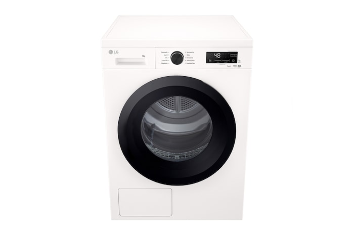 Die AI Dry™-Funktion des LG Trockners RT90X8C, die zeigt, wie Sensoren die Gewebefeuchtigkeit für optimales Trocknen erkennen, mit Energieeffizienzklasse B.