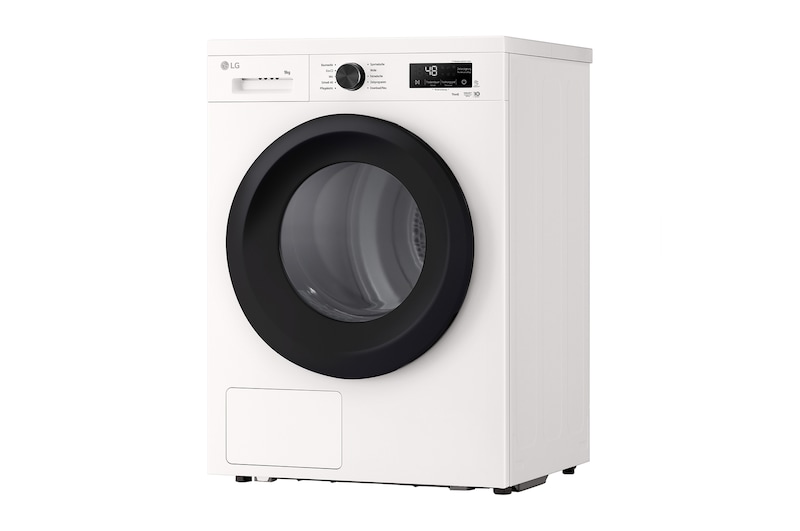 Der weiße LG 9 kg Trockner RT90X8C, als Paar neben einer passenden Waschmaschine in einem modernen Waschraum installiert, mit Energieeffizienzklasse B.