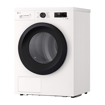 Der weiße LG 9 kg Trockner RT90X8C, als Paar neben einer passenden Waschmaschine in einem modernen Waschraum installiert, mit Energieeffizienzklasse B.