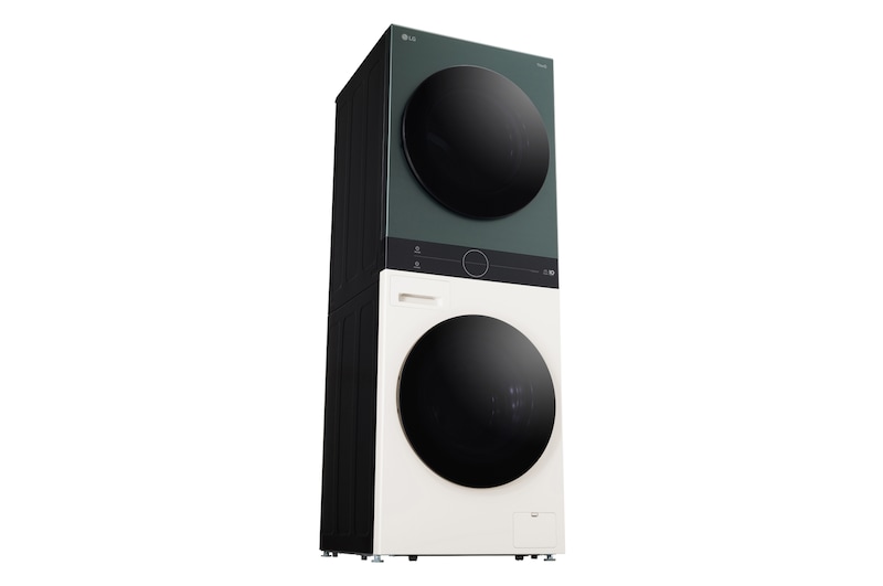 Abmessungsgrafik des LG WashTower: B 60, H 165,5, T 66 cm, zur Veranschaulichung neben einer 170 cm großen Person gezeigt.