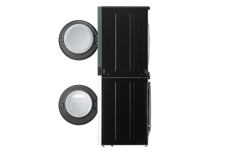Der LG WashTower WT1210BBF in Schwarz, mit seinem platzsparenden Design in einem modernen Wäscheschrank installiert, mit Energieeffizienzklasse A (Waschmaschine).
