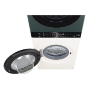 Rückansicht des LG WashTower WT1210BBF in Schwarz, die die separaten Stromanschlüsse für Waschmaschine und Trockner zeigt, mit Energieeffizienzklasse A (Waschmaschine).