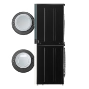 Der LG WashTower WT1210BBF in Schwarz, mit seinem platzsparenden Design in einem modernen Wäscheschrank installiert, mit Energieeffizienzklasse A (Waschmaschine).