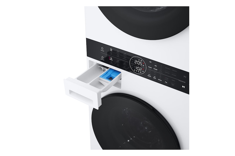 Der LG WashTower WT1210BBF in Schwarz, mit seinem platzsparenden Design in einem modernen Wäscheschrank installiert, mit Energieeffizienzklasse A (Waschmaschine).