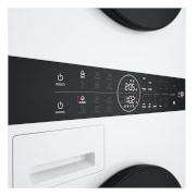 Der LG WashTower WT1210BBF in Schwarz, der das bequem zugängliche Center Control-Bedienfeld hervorhebt, mit Energieeffizienzklasse A (Waschmaschine).