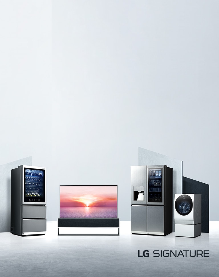 Es zeigt ein Packshot von LG Signature Produkten.