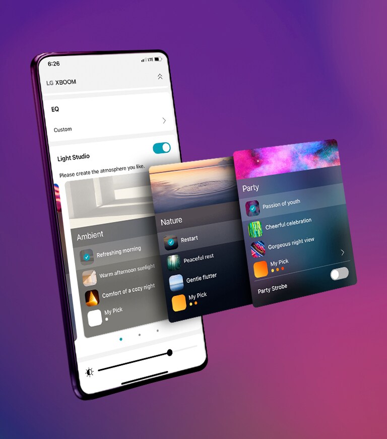 Das Mobiltelefon befindet sich auf einem Hintergrund mit Farbverlauf. Und es zeigt den Stimmungsbildschirm der App in drei Dimensionen.