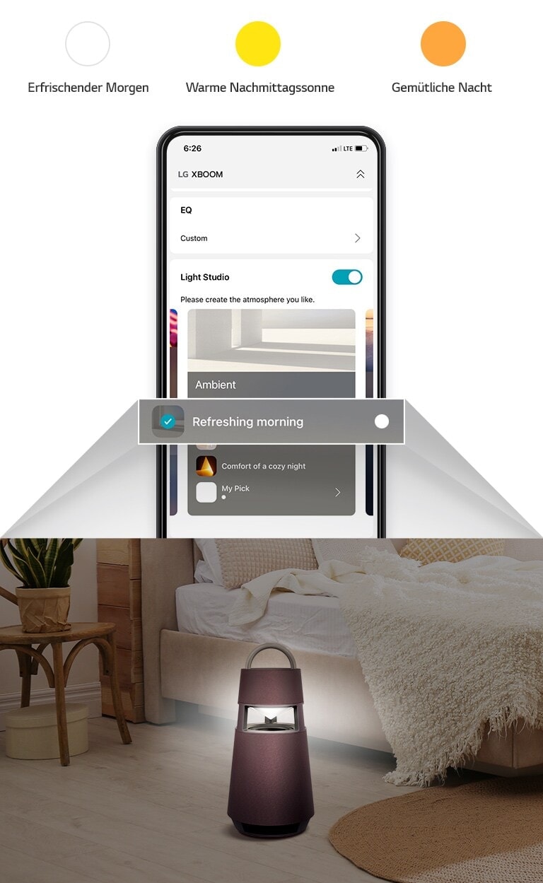 Wenn der Ambient Mode der App aktiviert ist, wird eine Animation angezeigt, die zeigt, wie sich die Beleuchtung des Produkts ändert.