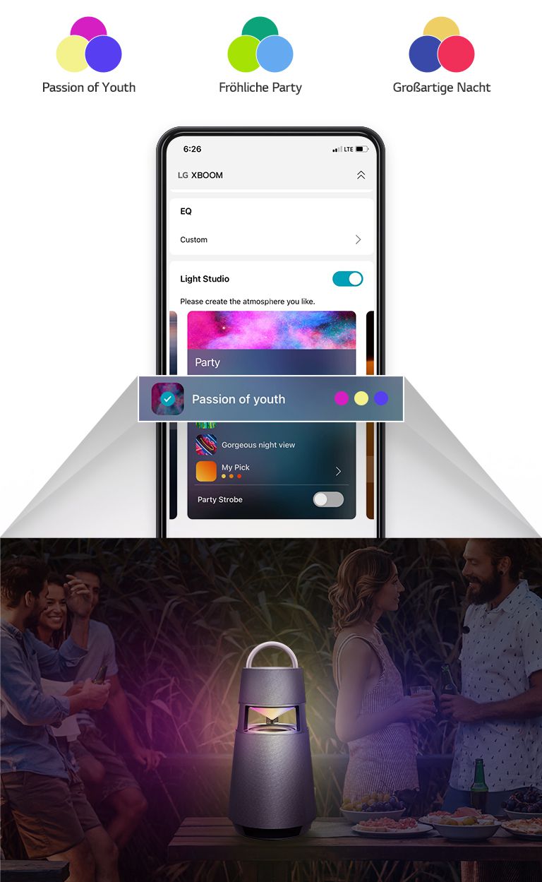 Wenn der Party-Modus der App aktiviert ist, wird eine Animation angezeigt, die zeigt, wie sich die Beleuchtung des Produkts verändert.