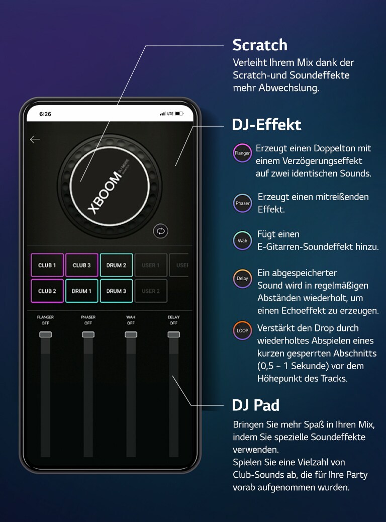Damit deutlich wird, dass der mithilfe der XBOOM-APP ausgegebene Sound DJ-Qualität hat, sind ein Bild mit einem Smartphone mit der darauf aufgerufenen DJ-APP, und daneben die Funktionen zu sehen.