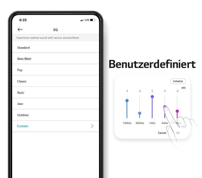 Bild zeigt den EQ-Modus-Bildschirm der App. Die Animation zeigt, wie sich der Klang beim Abspielen der einzelnen EQs verändert.