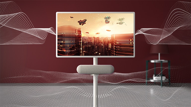 Der LG XT7S-Lautsprecher ist am LG StanbyME vor dem roten Hintergrund angebracht. Das Klangbild wird sowohl aus dem Bildschirm als auch aus dem Lautsprecher geformt. Auf dem Bildschirm erscheint ein orangefarbenes futuristisches Bild.