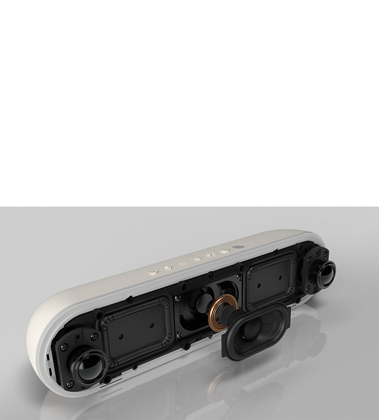 Der LG StanbyME Speaker XT7S steht auf der reflektierenden Oberfläche und zeigt seine Doppelhochtöner.