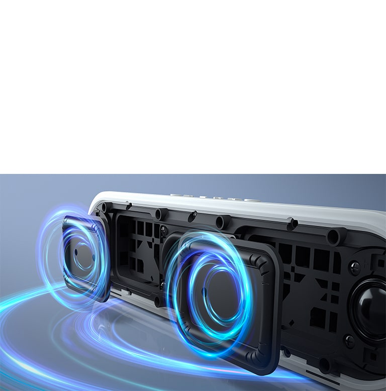 Der LG StanbyME Speaker XT7S ist auf der Oberfläche aufgestellt und zeigt die dualen Passivradiatoren. Blaue Grafiken kommen aus den Passivradiatoren und der Unterseite des Lautsprechers.