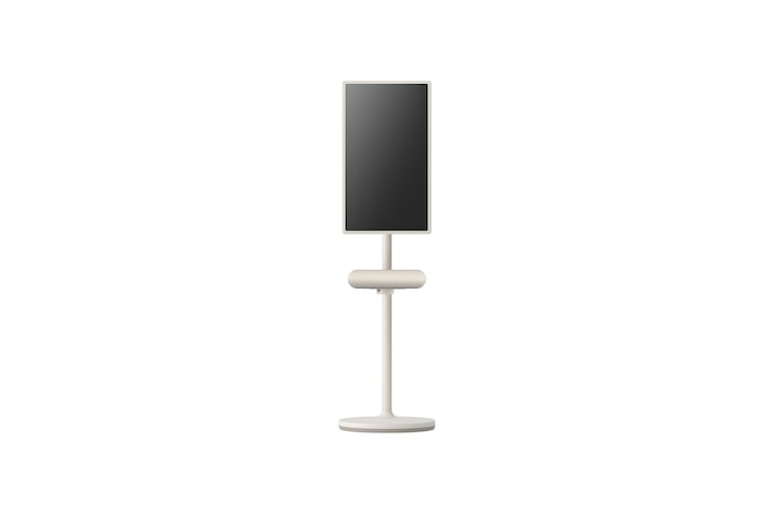 Front view of the speaker attached to LG StanbyME. The screen is set to vertical mode.