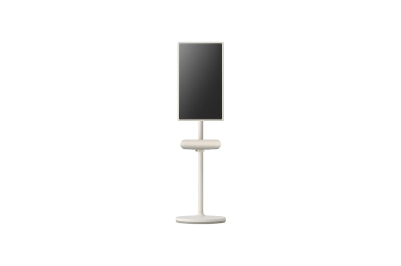 Front view of the speaker attached to LG StanbyME. The screen is set to vertical mode.