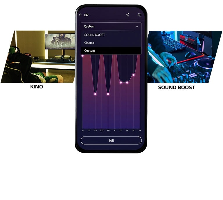 Ein Bild, das zeigt, dass ein Mobiltelefon zwischen den Bildern eines Films und eines DJs platziert ist, und dass die Menüs Kino, Sound Boost und Benutzerdefiniert auf dem Bildschirm des Mobiltelefons schweben, so dass es einfach ist, den EQ je nach Modus zu ändern.