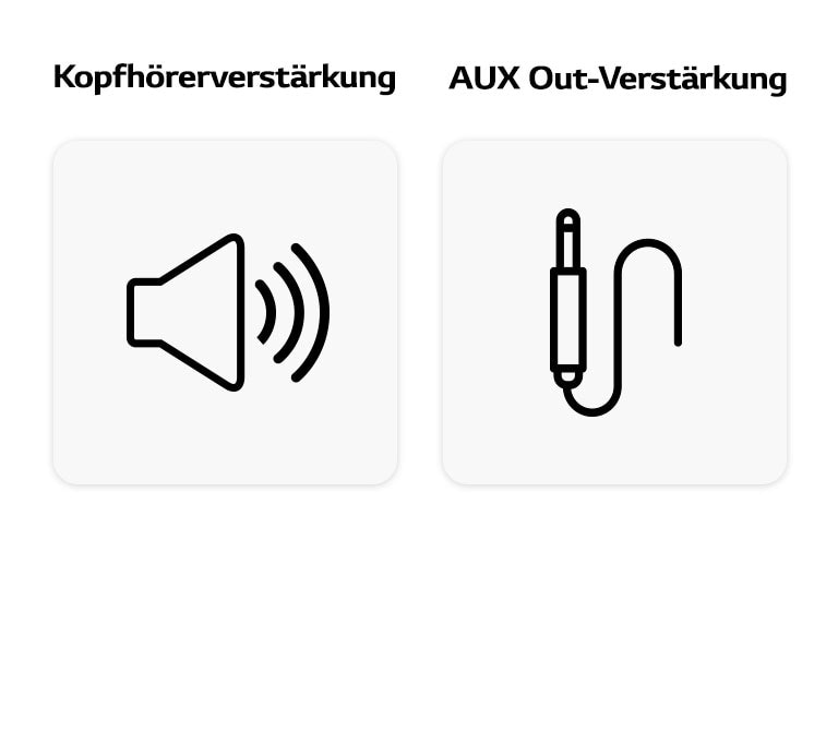 Ein Bild mit einem Symbol, das die Lautstärke des Lautsprechers anzeigt, und einem Symbol, das eine AUX-Leitung darstellt.