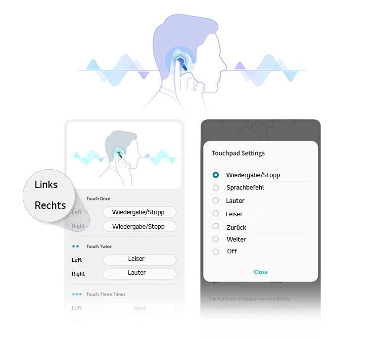 Abbildung der Seitenansicht eines Mannes, der die Earbuds in seinem Ohr berührt. Bildschirme der App-UI zeigen, dass die Einstellung des Touchpads für den linken und rechten Earbuds eingestellt werden kann.