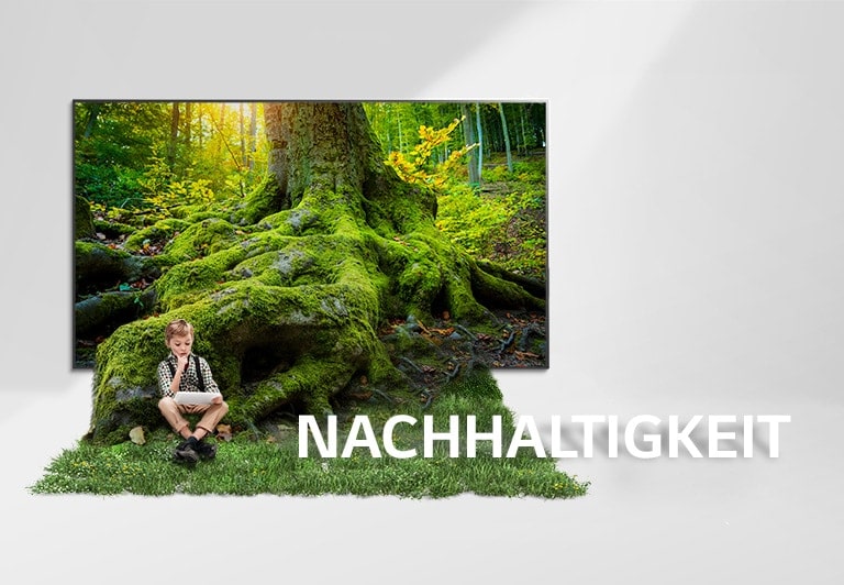 Die Wurzel eines riesigen Baumes kommt aus einem Fernsehbildschirm, und der Boden bedeckt sich mit Gras. Ein Kind sitzt im Gras.