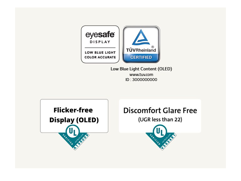 Logo von Eyesafe® und die Zertifizierung des TÜV Rheinland über den geringen Blaulichtanteil. Logo der Underwriter-Laboratories-Zertifizierung über ein flimmerfreies Display.  Logo der Underwriter-Laboratories-Zertifizierung über die Blendfreiheit.