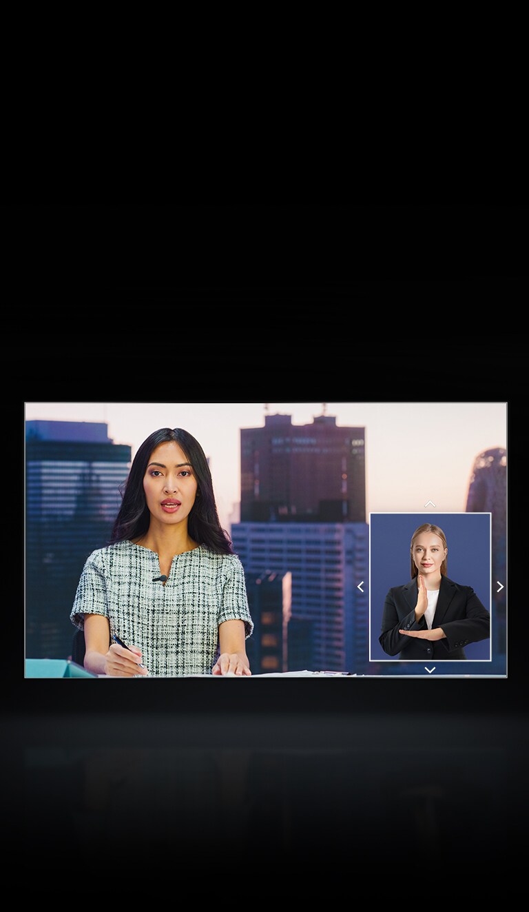 Auf dem Fernsehbildschirm ist eine Nachrichtenszene zu sehen und in der unteren rechten Ecke befindet sich ein großer Bildschirm mit Gebärdensprache.