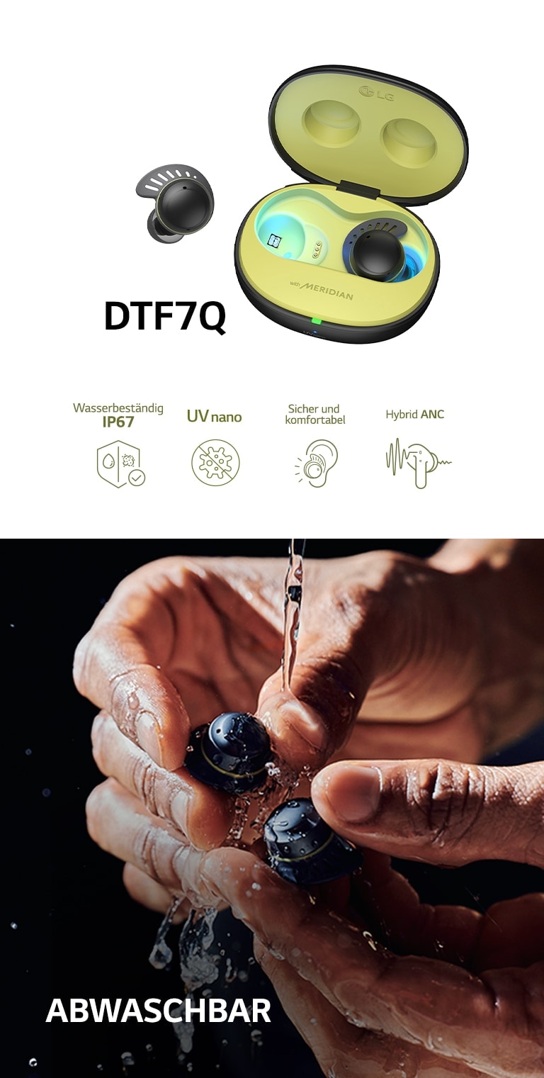 Image of DTF7Q on the right with their Feature Pictogram below.  On the leftside, there are image of DTF7Q washing to show Waterproof