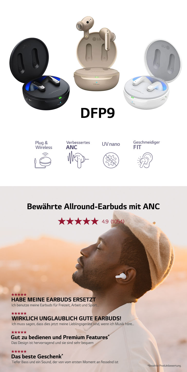 Image of 3 colors of DFP9 on the left with their Feature Pictogram below.  On the right side, there are image of man who wearing DFP9. There are 4 review of DFP9