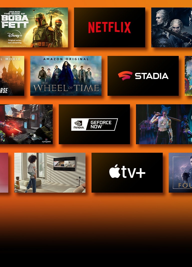 Die Logos der Streaming-Dienste sind abgebildet und daneben die passenden Ausschnitte aus Filmen und Serien. Netflix-Logo mit Haus des Geldes und The Witcher. Disney-Logo mit Das Buch von Boba Fett Stadia-Logo mit Journey to the Savage Planet und The Legend of Heroes: Trails of Cold Steel III. Prime-Video-Logo mit Tom Clancy’s Gnadenlos und Das Rad der Zeit. LIVENow-Logo und mamamoo-Teaserbild und OneUs-Teaserbild. NVIDIA-Geforce-Now-Logo mit Ausschnitten aus den Spielen Cyberpunk 2077 und Splitgate. Apple-TV-plus-Logo mit Foundation und Finch. 