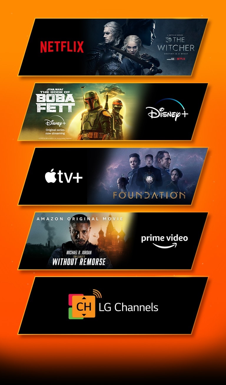 Es gibt 5 Bildblöcke – jeder mit dem Logo einer Streaming-Plattform und Ausschnitten. Netflix-Logo mit The Witcher, Disney-plus-Logo mit Das Buch von Boba Fett, Apple-TV-plus-Logo mit Foundation, Prime-Video-Logo mit Tom Clancy's Gnadenlos und LG-Channels-Logo (nur Logo).  