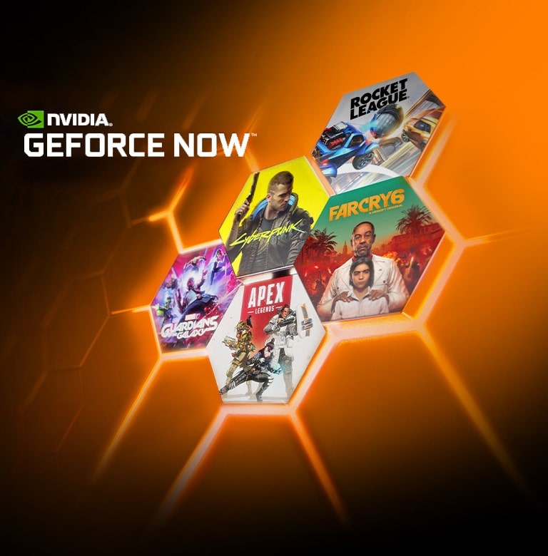 Es sind mehrere kleine Bilder von verschiedenen Spielen von NVIDIA GEFORCE NOW zu sehen, darunter Rocket League, Farcry 6, Apex Legends usw. Und es gibt ein NVIDIA-Geforce-Now-Logo in der linken oberen Ecke. 