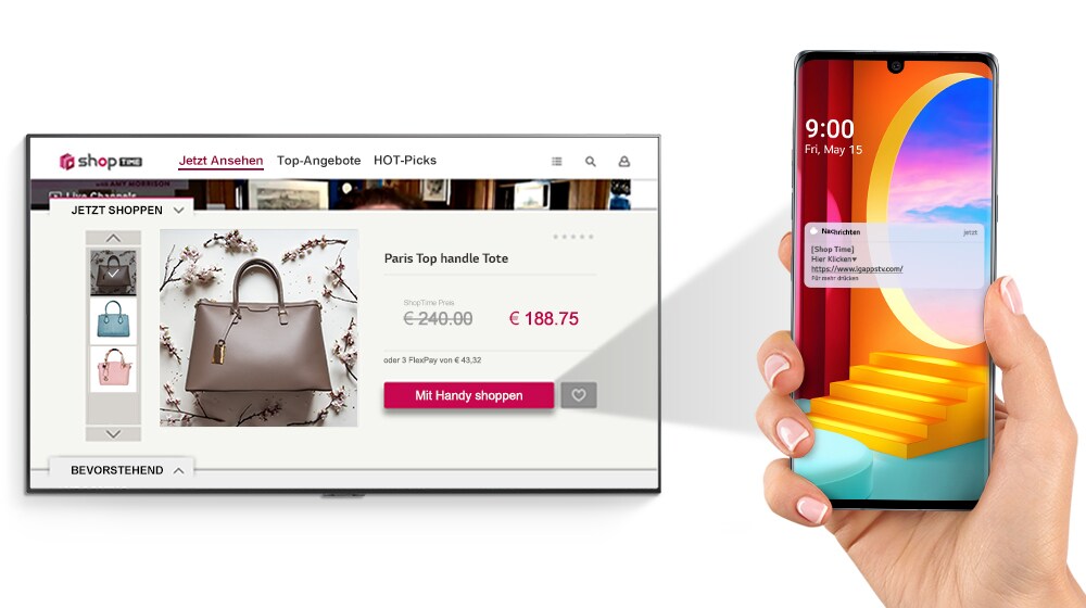 On the left side of the screen, a page for purchasing a bag is shown, and on the right side, a mobile phone that receives a purchase alarm message is shown.