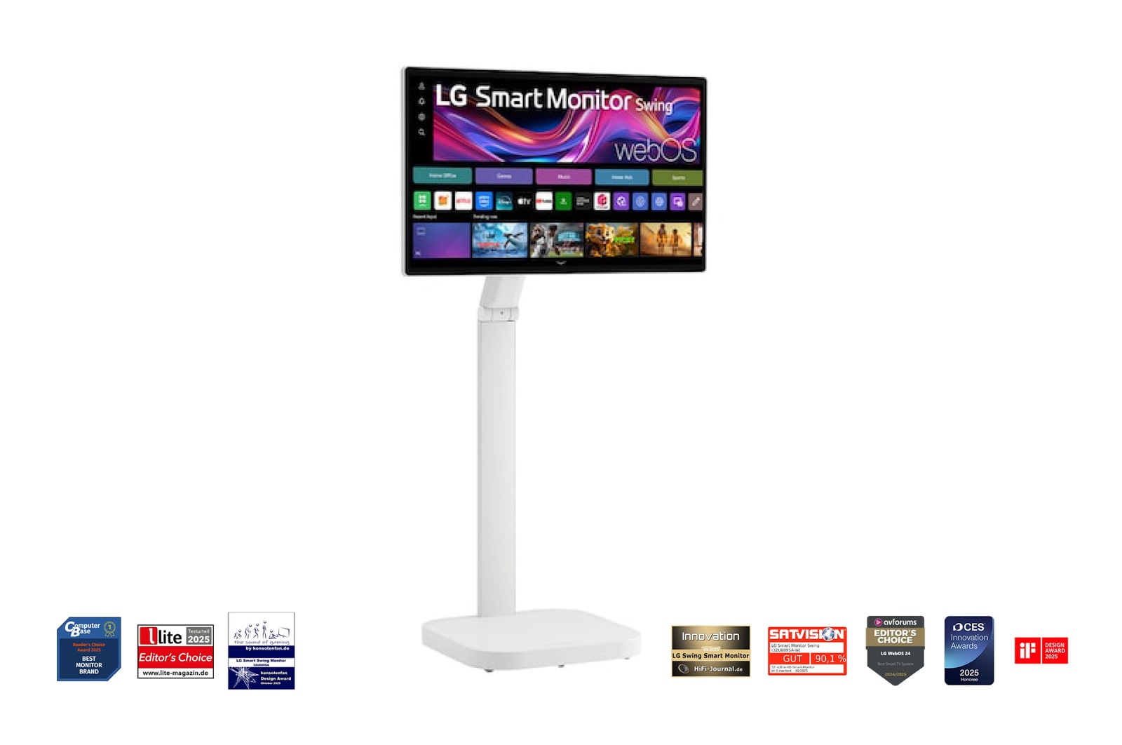 Vorderseite von LG Smart Monitor Swing | 31,5 Zoll 4K-UHD IPS-Smart Monitor mit Touchscreen und Standfuß mit Rollen 32U889SA-W
