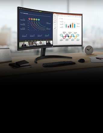 Ein Schreibtisch mit einem LG UltraWide Curved Monitor in einer übersichtlichen Büroumgebung.