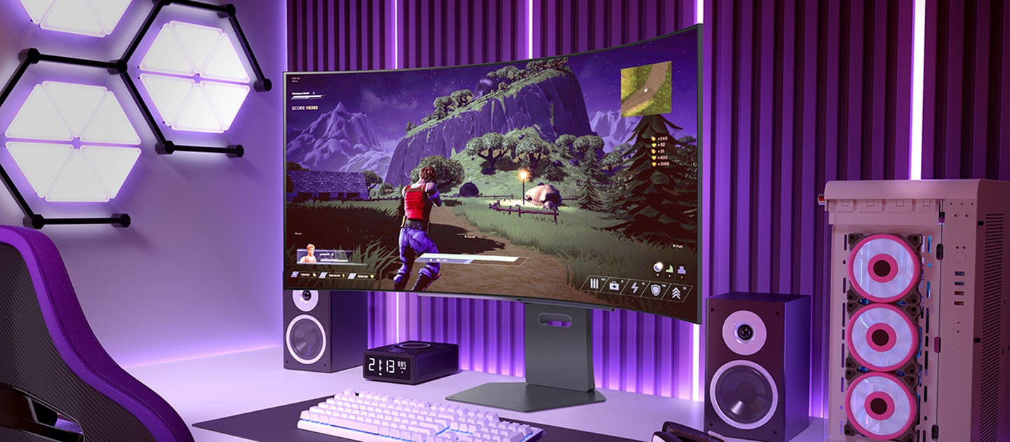 Ein LG UltraGear-Monitor in einem Spielraum, der das Gameplay auf dem Bildschirm mit LED-Beleuchtung um die Einrichtung herum zeigt.