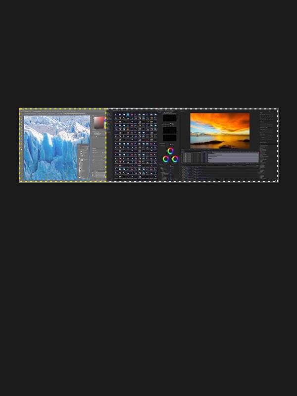 LG Monitor mit mehreren Bearbeitungsfenstern auf Breitbild zur Illustration von Multitasking durch weites Bildformat.