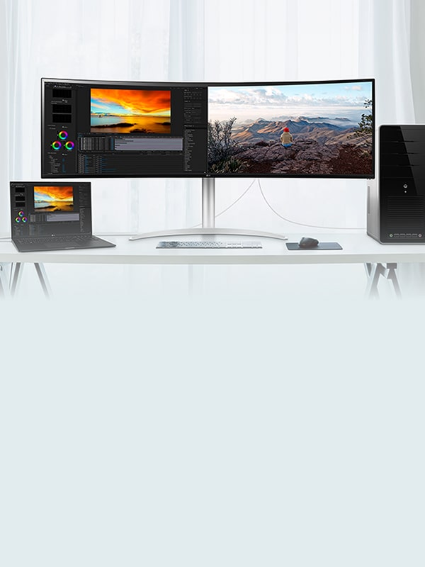 LG Monitor-Setup mit gemeinsamer Nutzung von Tastatur und Maus illustriert die KVM-Steuerung.
