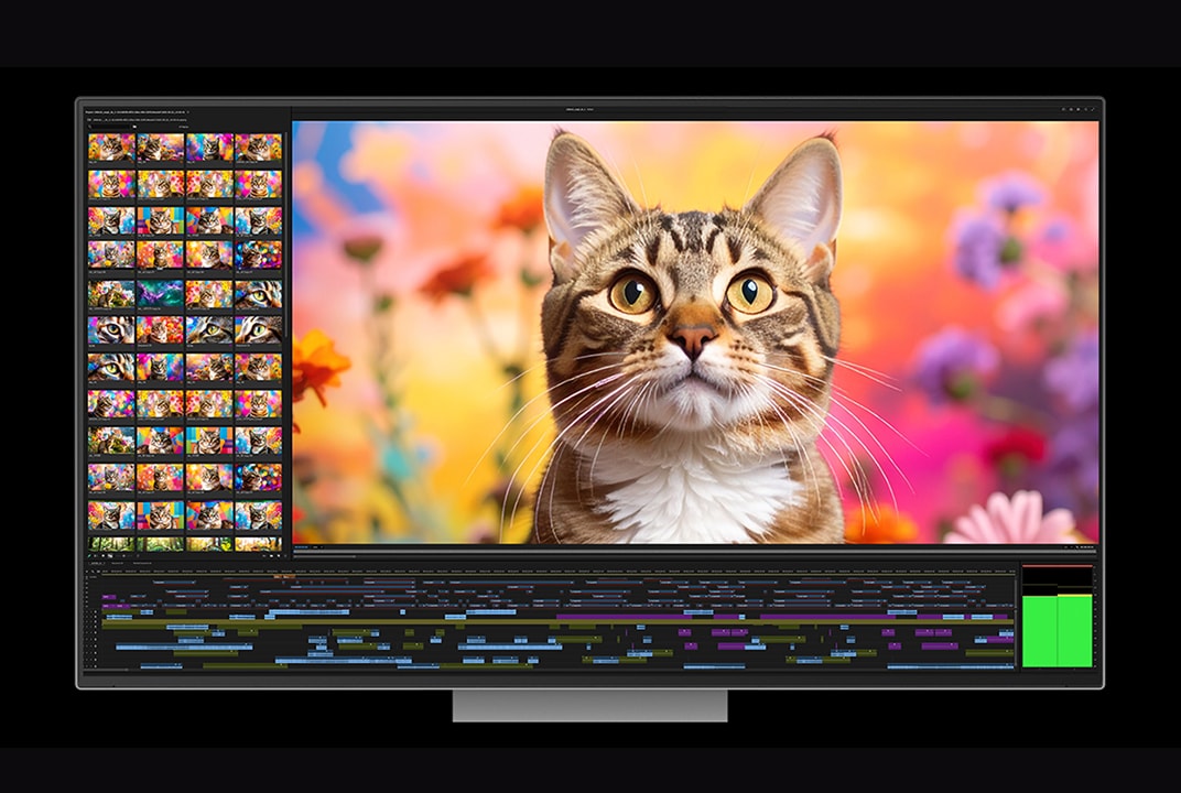 Auf einem Monitorbildschirm ist eine Katze vor einem farbenfrohen Blumenhintergrund zu sehen, während im unteren Bereich des Bildschirms eine Videobearbeitungs-Timeline, Vorschaubilder und Farbkorrektur-Panels angezeigt werden.