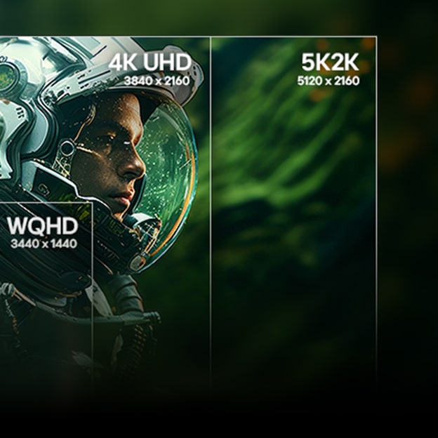 Vergleich der Gaming-Monitorauflösung mit Unterschieden in der 8K2K-, UHD- und QHD-Qualität in einer Weltraumkampf-Spielszene.