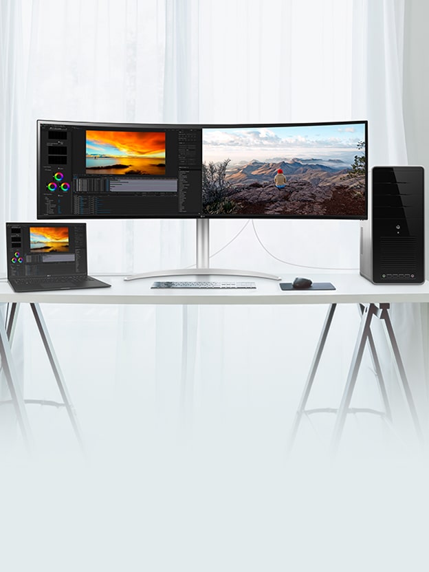 Das Bild simuliert den Dual Controller mit der Szene, dass der Monitor mit Laptop und Desktop verbunden ist. Der Monitor zeigt den Bildschirm jedes Geräts sofort an.